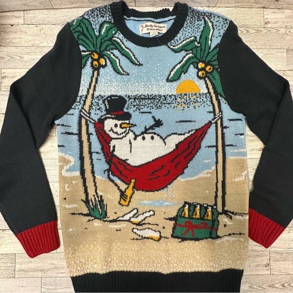 Men's Novelty Christmas Beach Snowman Holiday Sweater SMALL Multicolor NEW - Picture 4 of 5